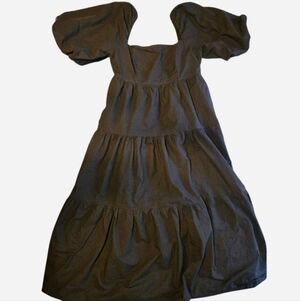 Mable Square Neck Tiered Puffed Sleeve Black Ruffle Midi Dress